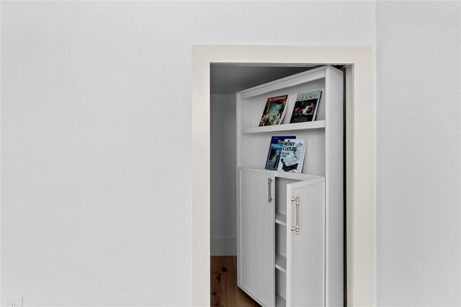 Secret door in office that leads to a space for storage. Secret door in office that leads to a space for storage.