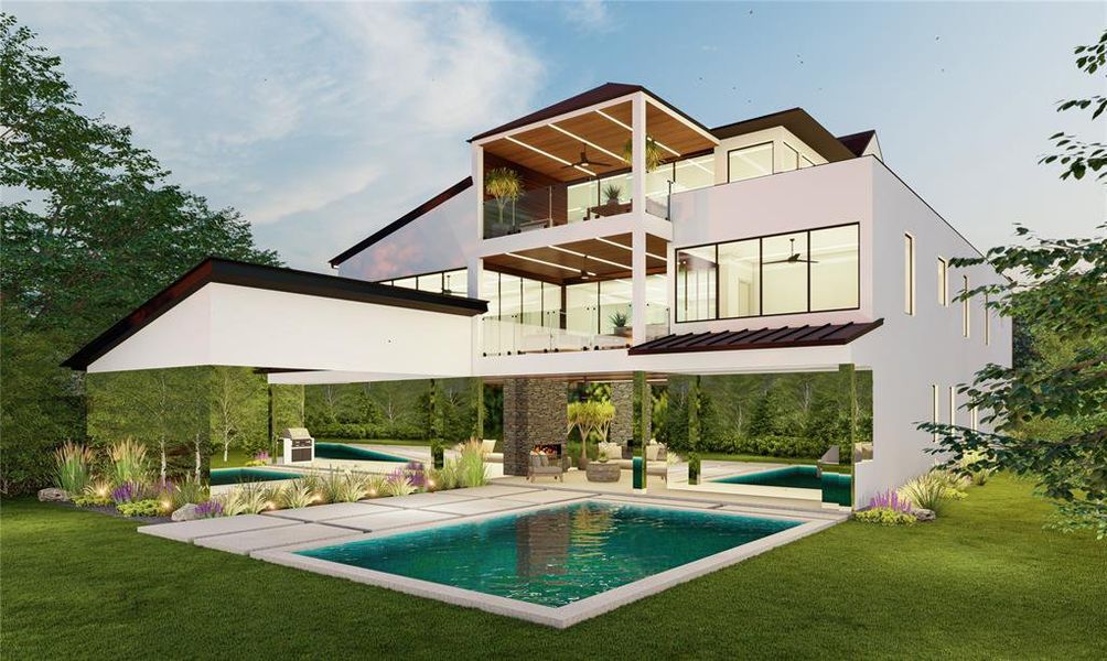 Back of property featuring an outdoor pool, a yard, a patio, and a balcony Back of property featuring an outdoor pool, a yard, a patio, and a balcony