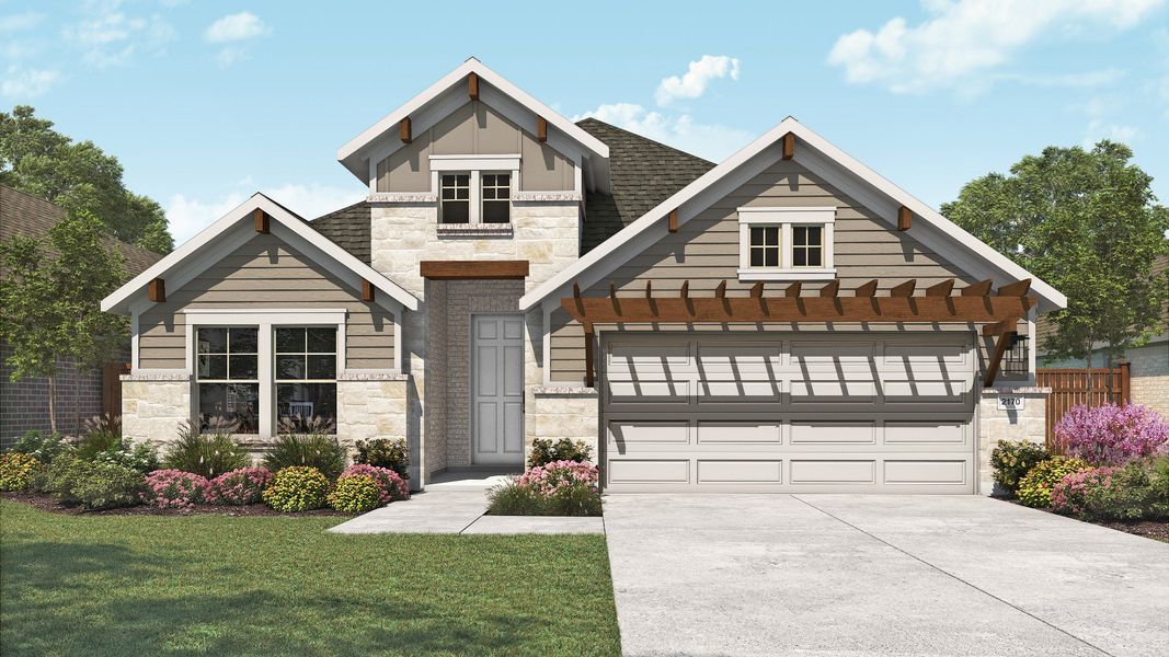 Representative exterior photo of a completed home built from the Juniper by DRB Homes in Newhaven, Manor, TX (Image 5). Representative exterior photo of a completed home built from the Juniper by DRB Homes in Newhaven, Manor, TX (Image 5).
