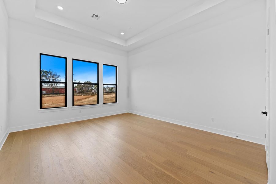 Primary bedroom with light wood-type flooring, a tray ceiling, and recessed lighting