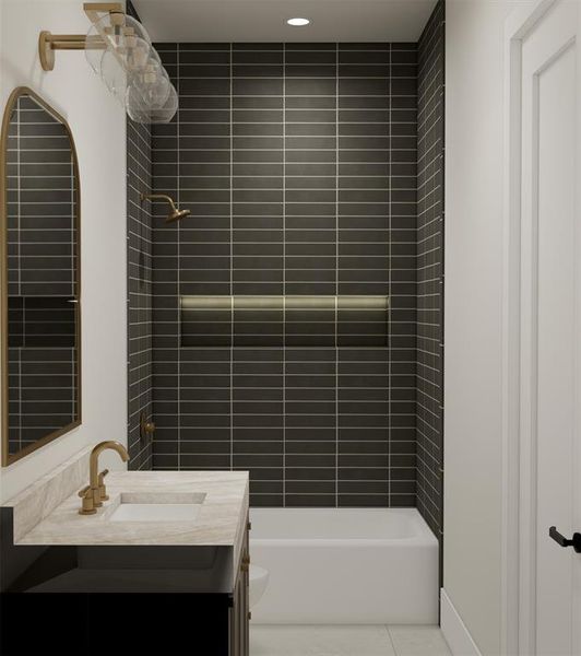 Bathroom featuring vanity, shower / bath combination, and light tile patterned flooring
