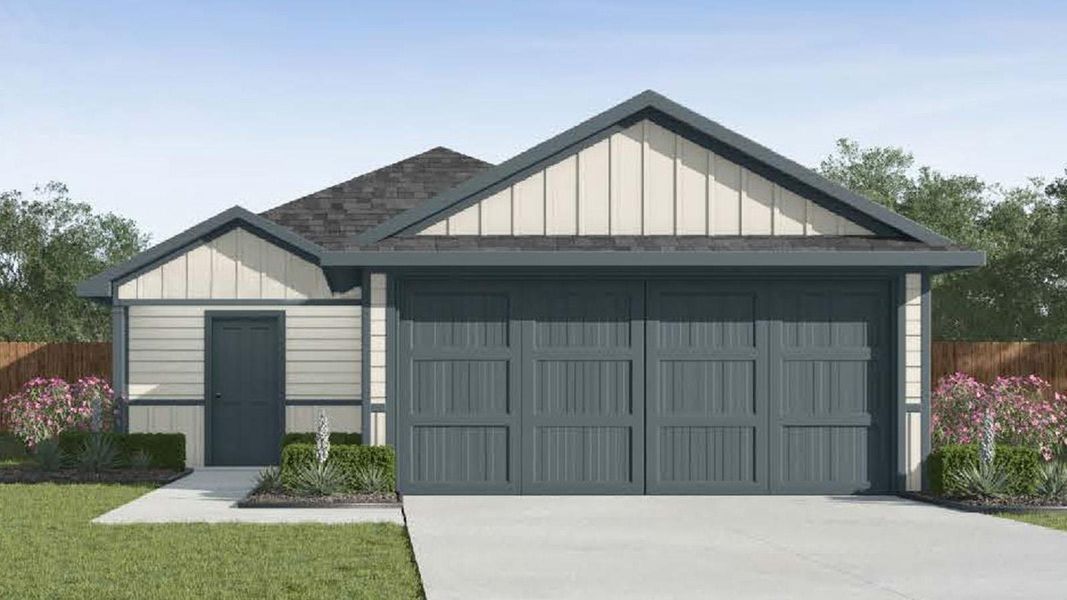 A welcoming facade presents a neatly manicured lawn and an attached double-door garage. A welcoming facade presents a neatly manicured lawn and an attached double-door garage.
