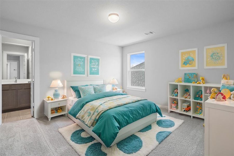 Secondary bedroom features plush carpet, custom paint, high ceilings, and a large window with privacy blinds. This bedroom has access to a secondary bedroom.