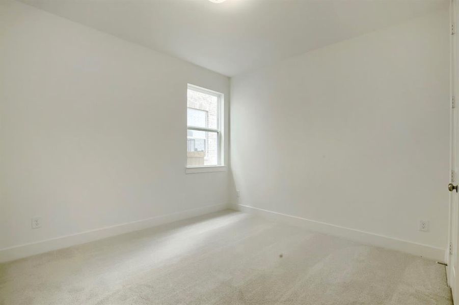 Carpeted room featuring a single window, white walls, and a ceiling light fixture