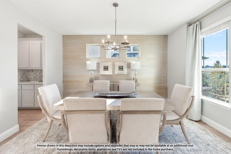 Formal dining room with rectangular table, six upholstered chairs, chandelier, and accent wall with wood-tone finish. Formal dining room with rectangular table, six upholstered chairs, chandelier, and accent wall with wood-tone finish.