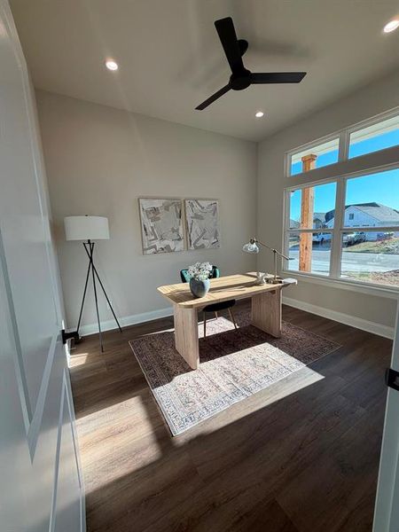 Office area with dark wood finished floors, a ceiling fan, and recessed lighting