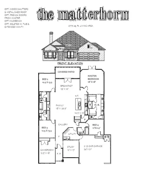 2D floor plan layout for the The Matterhorn by Whitestone Custom Homes in Johnson Ranch, Bulverde, TX (Image 4).