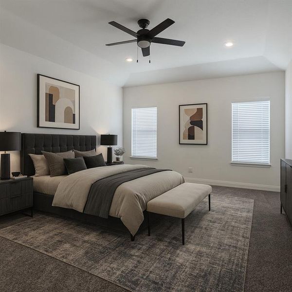Bedroom with dark colored carpet, ceiling fan, recessed lighting, and multiple windows