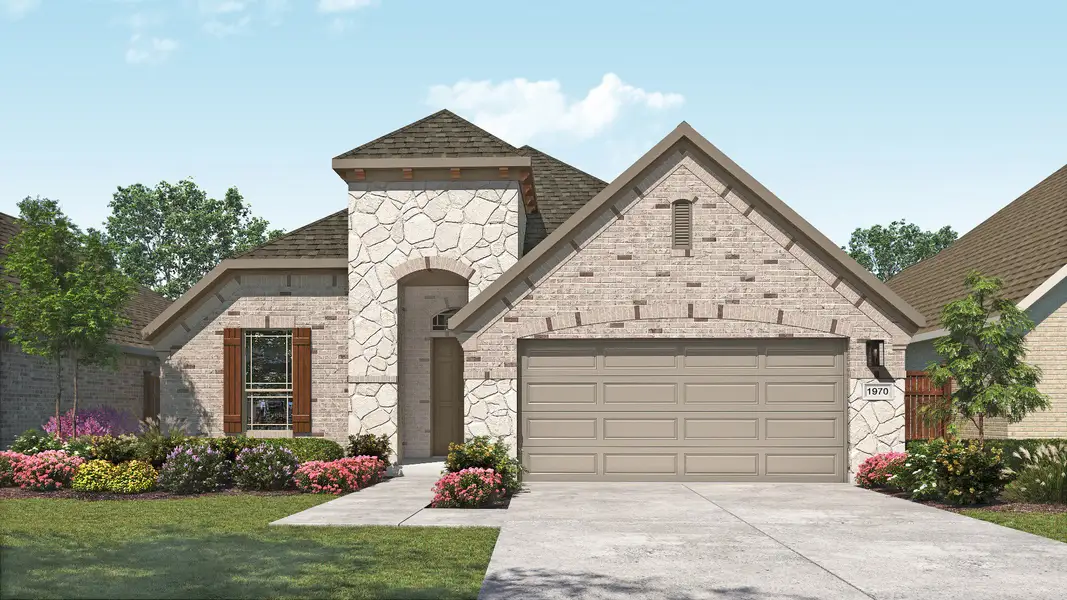 Representative exterior photo of a completed home built from the Palm by DRB Homes in Heritage Mill, Hutto, TX (Image 4). Representative exterior photo of a completed home built from the Palm by DRB Homes in Heritage Mill, Hutto, TX (Image 4).