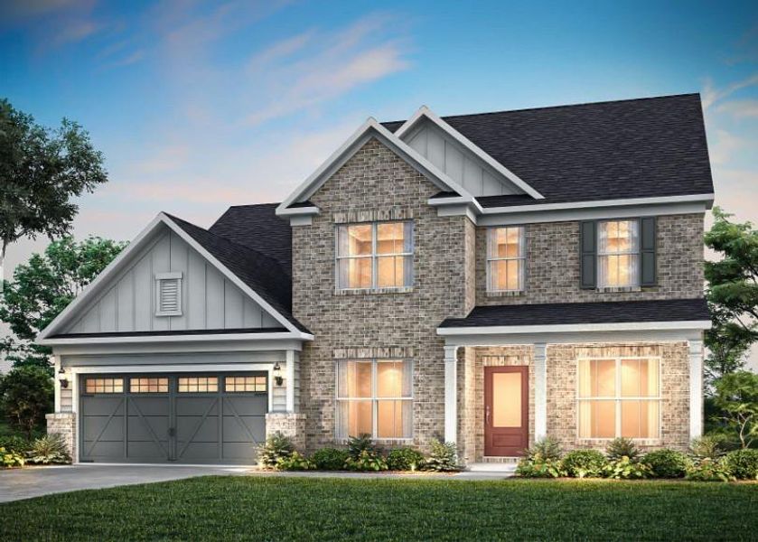 Front exterior of a new home in Berkeley Mill, Cumming, GA, highlighting curb appeal (Image 1). Front exterior of a new home in Berkeley Mill, Cumming, GA, highlighting curb appeal (Image 1).