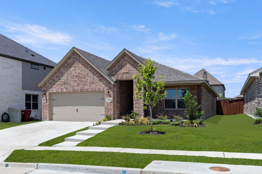 Front exterior of a new home in De Berry Reserve, Royse City, TX, highlighting curb appeal (Image 2). Front exterior of a new home in De Berry Reserve, Royse City, TX, highlighting curb appeal (Image 2).