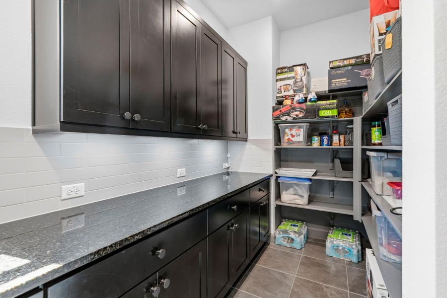 Spacious walk-in pantry featuring ample shelving, generous storage, and sleek cabinetry for added functionality.