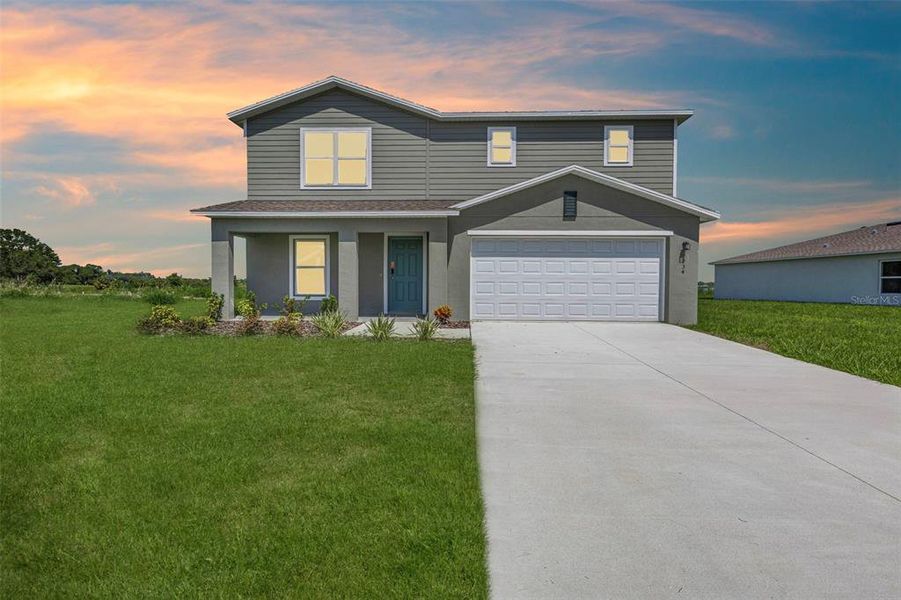 Front exterior of a new home in Scenic Terrace, Haines City, FL, highlighting curb appeal (Image 5).