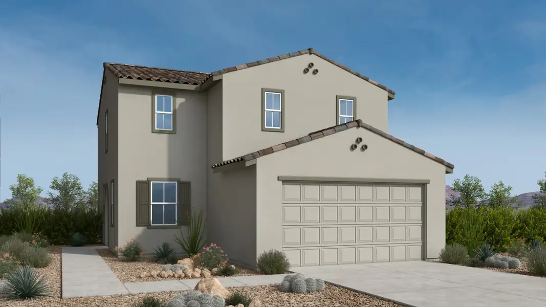 Front exterior of a new home in Artisan at Asante, Surprise, AZ, highlighting curb appeal (Image 1). Front exterior of a new home in Artisan at Asante, Surprise, AZ, highlighting curb appeal (Image 1).