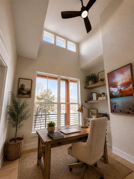 High ceilings and natural light from clerestory windows elevate this functional home workspace.Virtual Staging. High ceilings and natural light from clerestory windows elevate this functional home workspace.Virtual Staging.
