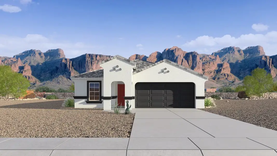 Front exterior of a new home in Copper Falls, Buckeye, AZ, highlighting curb appeal (Image 1). Front exterior of a new home in Copper Falls, Buckeye, AZ, highlighting curb appeal (Image 1).