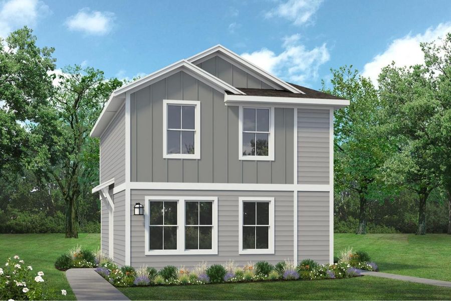 Rendered image of two story grey home with landscaping and sky Rendered image of two story grey home with landscaping and sky