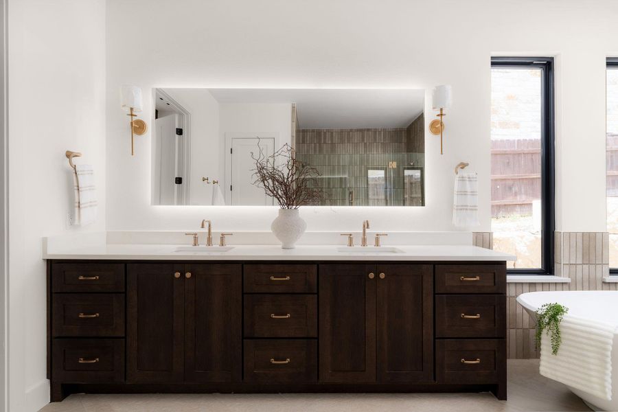 Dual vanity with undermount sinks and modern lighting accents a spa-like bathroom.