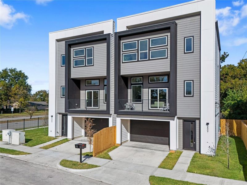 Crisp vertical lines & a thoughtfully composed façade create a refined modern presence. Each home gets its own private yard. Crisp vertical lines & a thoughtfully composed façade create a refined modern presence. Each home gets its own private yard.