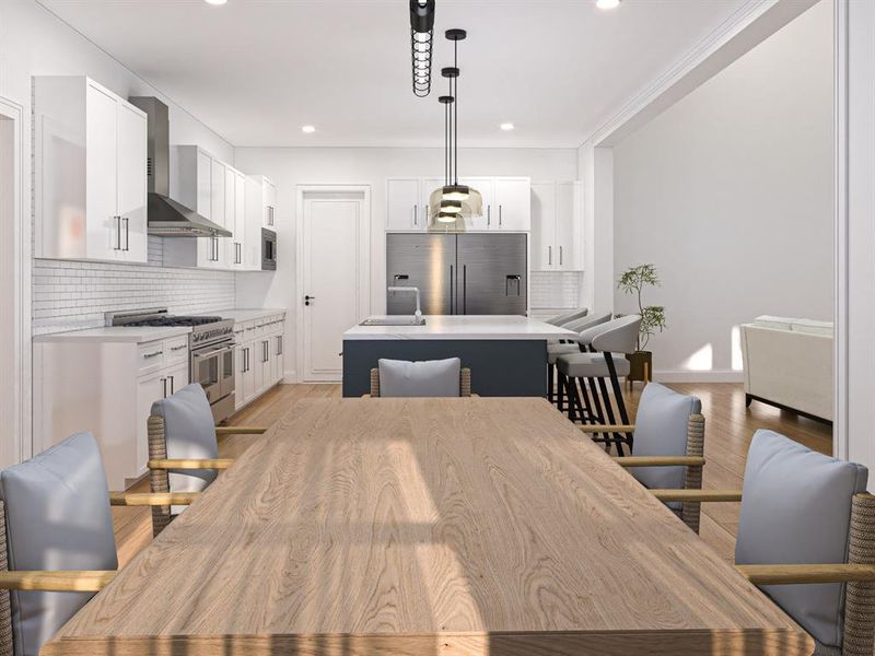 Rendering of Dining area looking into kitchen