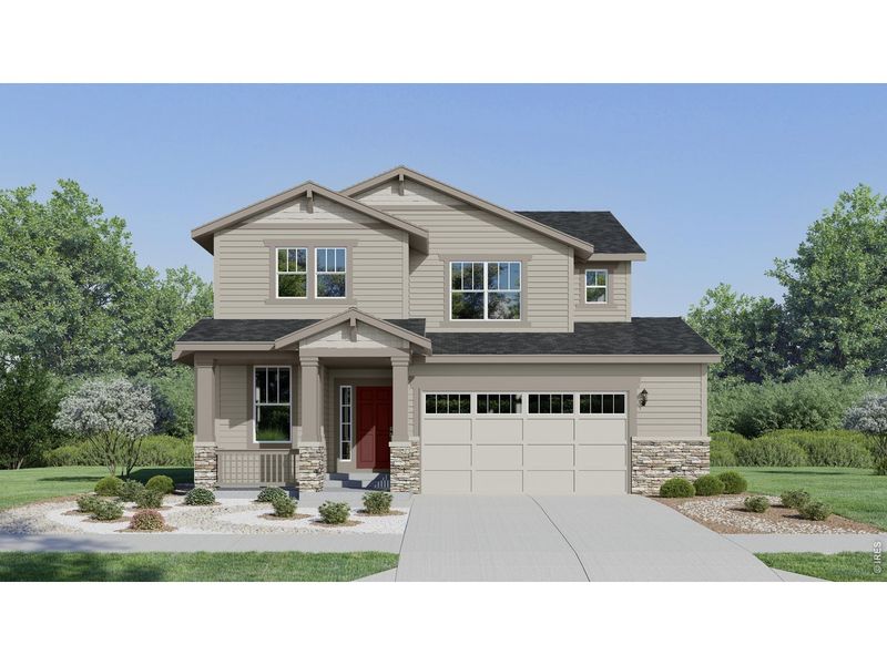 Front exterior of a new home in Timber Lark, Fort Collins, CO, highlighting curb appeal (Image 1). Front exterior of a new home in Timber Lark, Fort Collins, CO, highlighting curb appeal (Image 1).