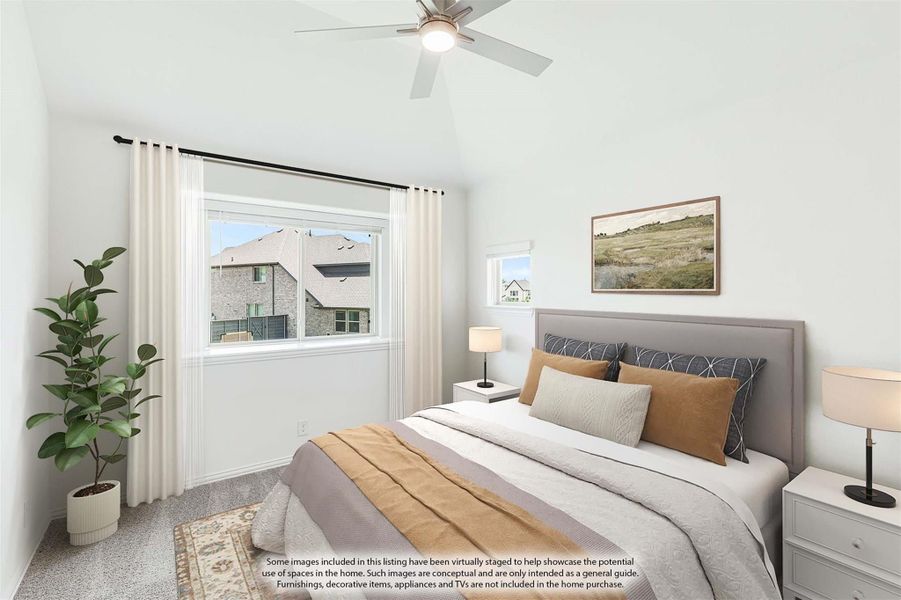 Bedroom with vaulted ceiling, ceiling fan, upholstered headboard, and large window with white curtains Bedroom with vaulted ceiling, ceiling fan, upholstered headboard, and large window with white curtains