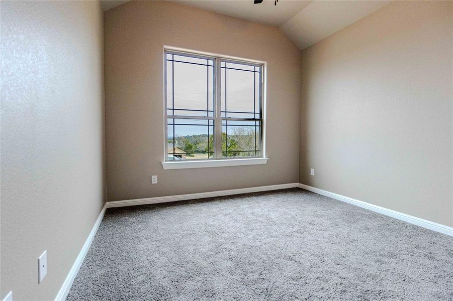 Carpeted spare room with vaulted ceiling