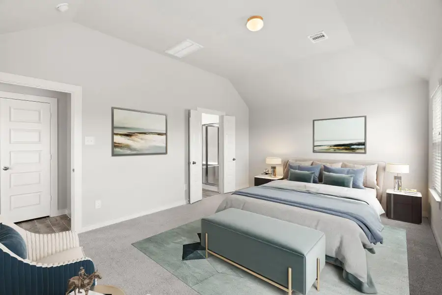 Virtually Staged - Primary Bedroom. Sample photo of completed home with similar floor plan. Actual colors and selections may vary. Virtually Staged - Primary Bedroom. Sample photo of completed home with similar floor plan. Actual colors and selections may vary.