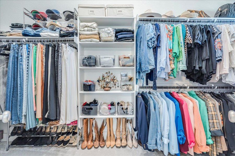 Walk in closet with carpet flooring Walk in closet with carpet flooring