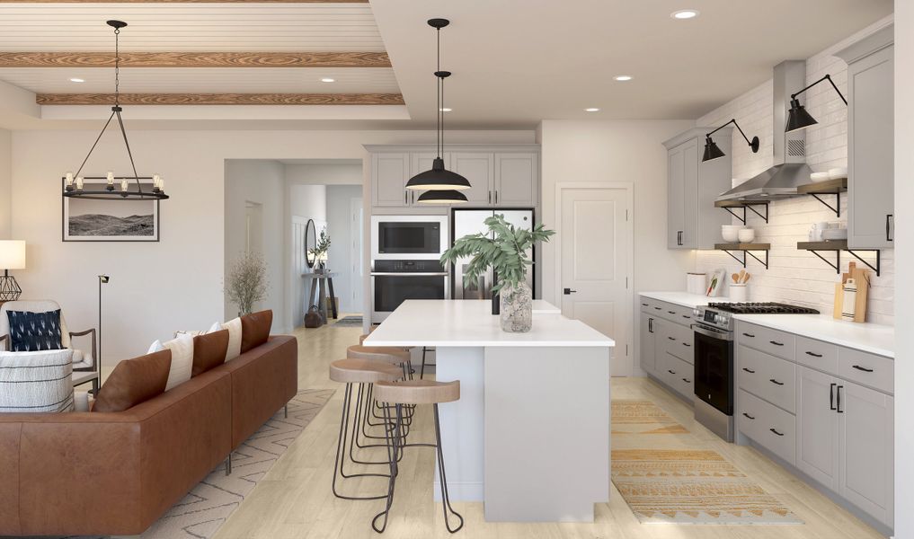 Kitchen with floating shelves and spacious island