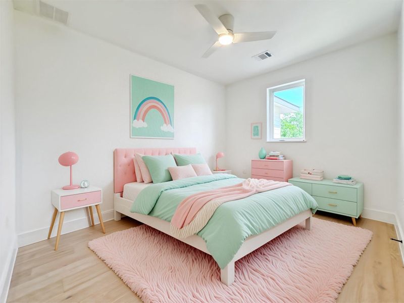 Bedroom with wood finished floors, and ceiling fan Bedroom with wood finished floors, and ceiling fan