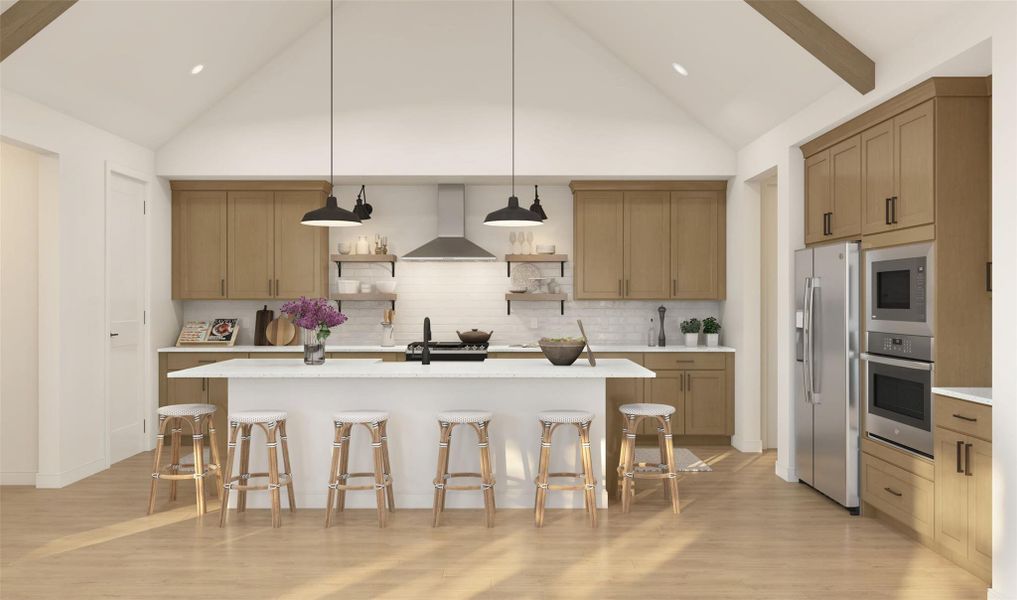 Gorgeous island kitchen with light stain cabinets and stylish floating shelves (*Artist rendering used for illustration purposes only.) Gorgeous island kitchen with light stain cabinets and stylish floating shelves (*Artist rendering used for illustration purposes only.)