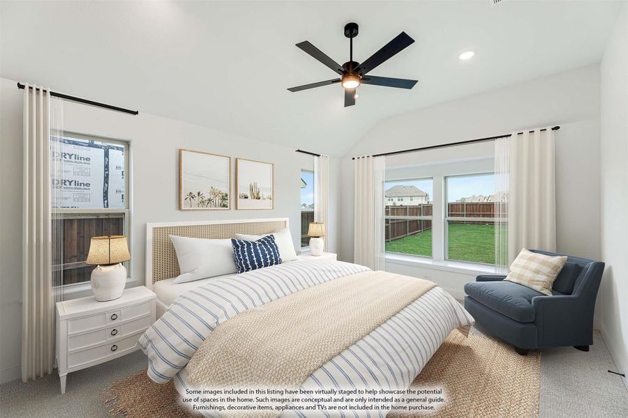Bedroom with vaulted ceiling, ceiling fan, large windows, and neutral furnishings including a queen bed and accent chair