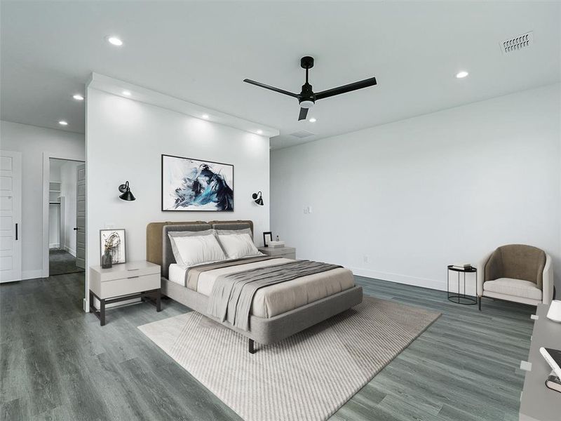 The primary suite is a private retreat, showcasing a reading nook.