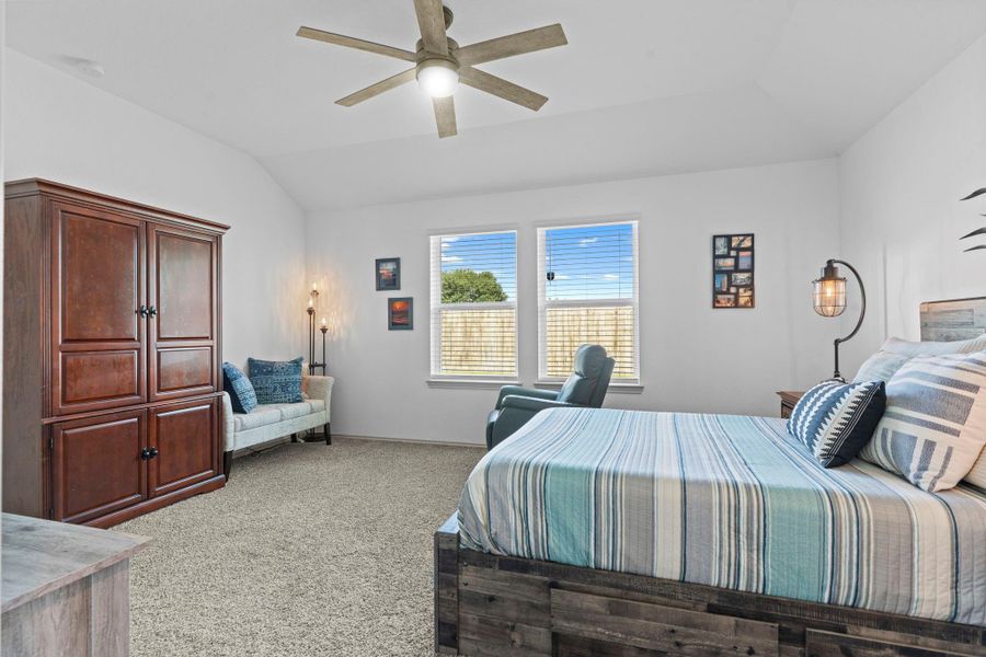 Wide view of the serene primary retreat shows how much room you have to create a cozy lounge space, exercise corner, or home office within your private haven. Wide view of the serene primary retreat shows how much room you have to create a cozy lounge space, exercise corner, or home office within your private haven.