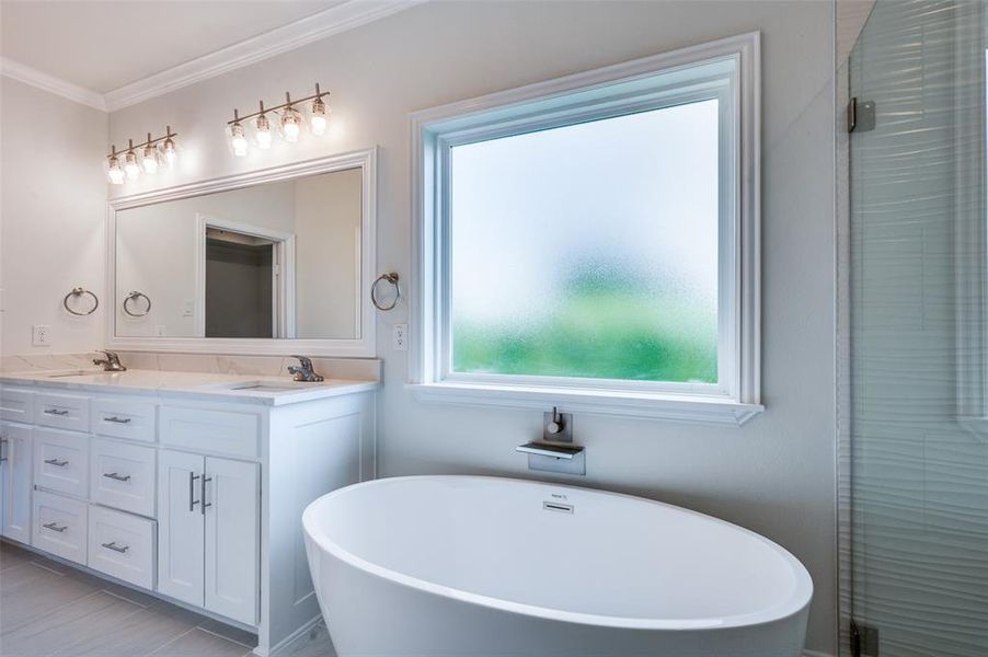 Bathroom featuring ornamental molding, shower with separate bathtub, tile patterned flooring, and dual bowl vanity