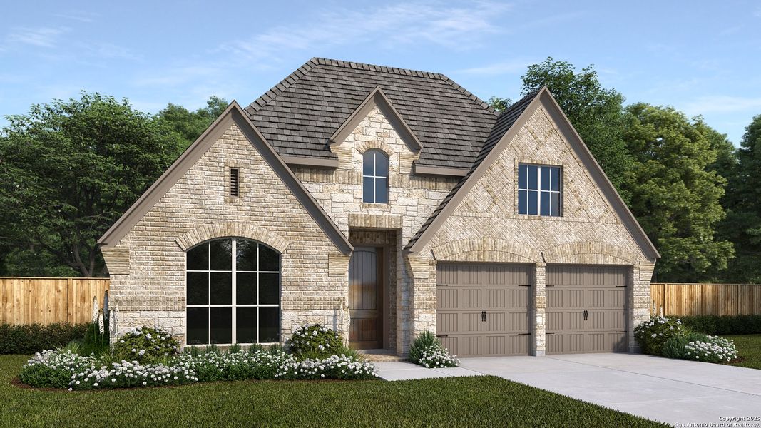 Front exterior of a new home in Cibolo Valley Heights 65', Cibolo, TX, highlighting curb appeal (Image 1).