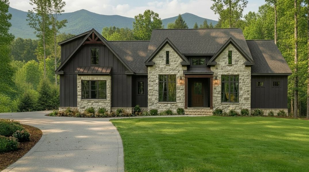 Front exterior of a new home in River Gorge Ranch, Guild, TN, highlighting curb appeal (Image 1). Front exterior of a new home in River Gorge Ranch, Guild, TN, highlighting curb appeal (Image 1).