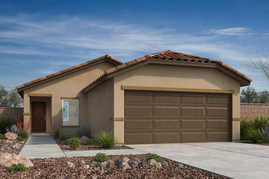 Front exterior of a new home in Wildflower Reserve, Tucson, AZ, highlighting curb appeal (Image 1).