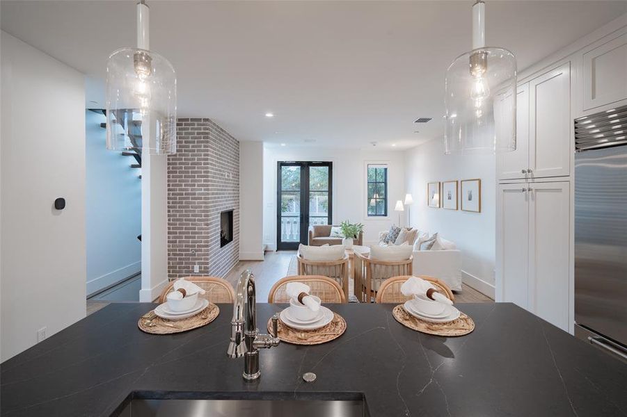 Dining room with a fireplace