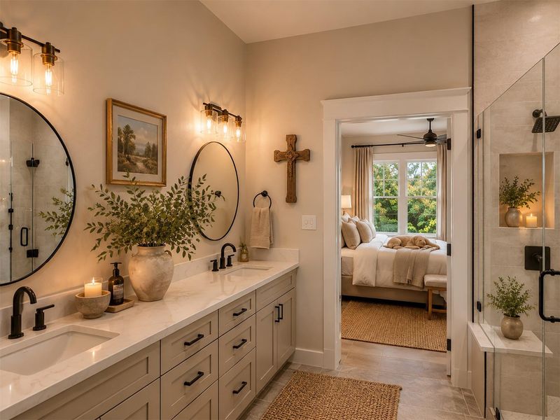 Double vanities with stone counters flank a walk-in shower adjacent to the bedroom suite.Virtual Staging. Double vanities with stone counters flank a walk-in shower adjacent to the bedroom suite.Virtual Staging.