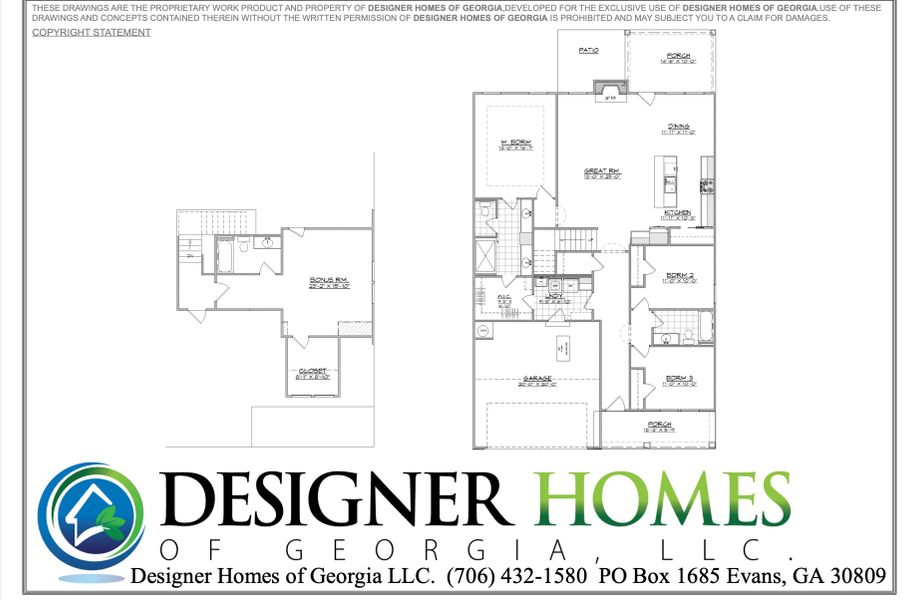 2D floor plan layout for the Bondi II by Designer Homes of Georgia in Austin Heights, North Augusta, SC (Image 2).