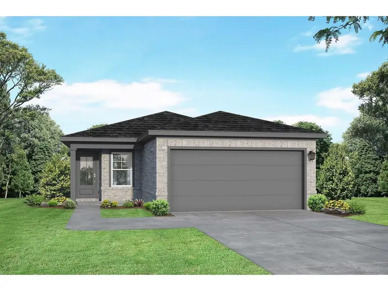 Front exterior of a new home in Caney Creek Place, Conroe, TX, highlighting curb appeal (Image 1).