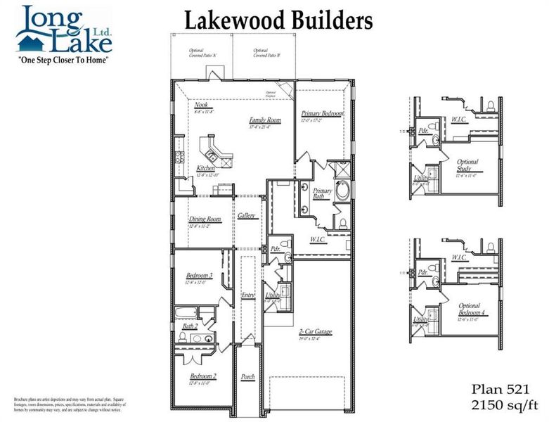 Plan 521 features 4 bedrooms, 2 full baths, 1 half bath, 2 car garage,  and over 2,200 square feet of living space