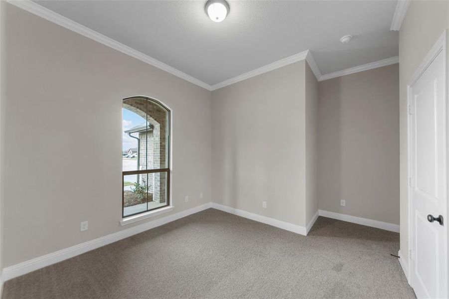 Arched window with dark trim, neutral wall color, white crown molding, white baseboards, and carpeted flooring