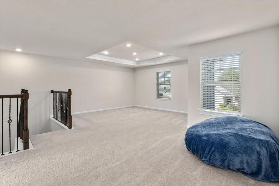 Sitting room featuring a raised ceiling, recessed lighting, and carpet flooring