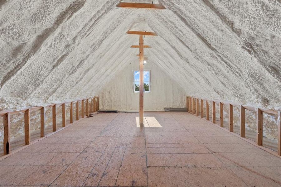 Ample storage space with walk up stairs in the attic