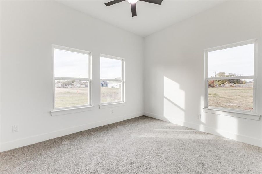 Carpeted spare room with ceiling fan and a healthy amount of sunlight