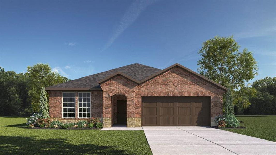 Front exterior of a new home in Madera, Royse City, TX, highlighting curb appeal (Image 1). Front exterior of a new home in Madera, Royse City, TX, highlighting curb appeal (Image 1).