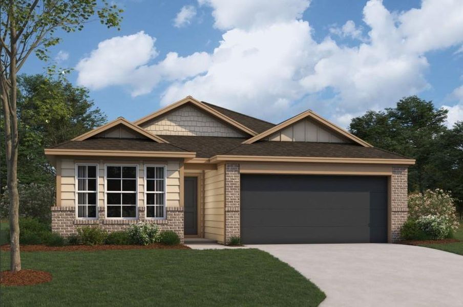 Front exterior of a new home in Pinewood at Grand Texas, New Caney, TX, highlighting curb appeal (Image 1). Front exterior of a new home in Pinewood at Grand Texas, New Caney, TX, highlighting curb appeal (Image 1).